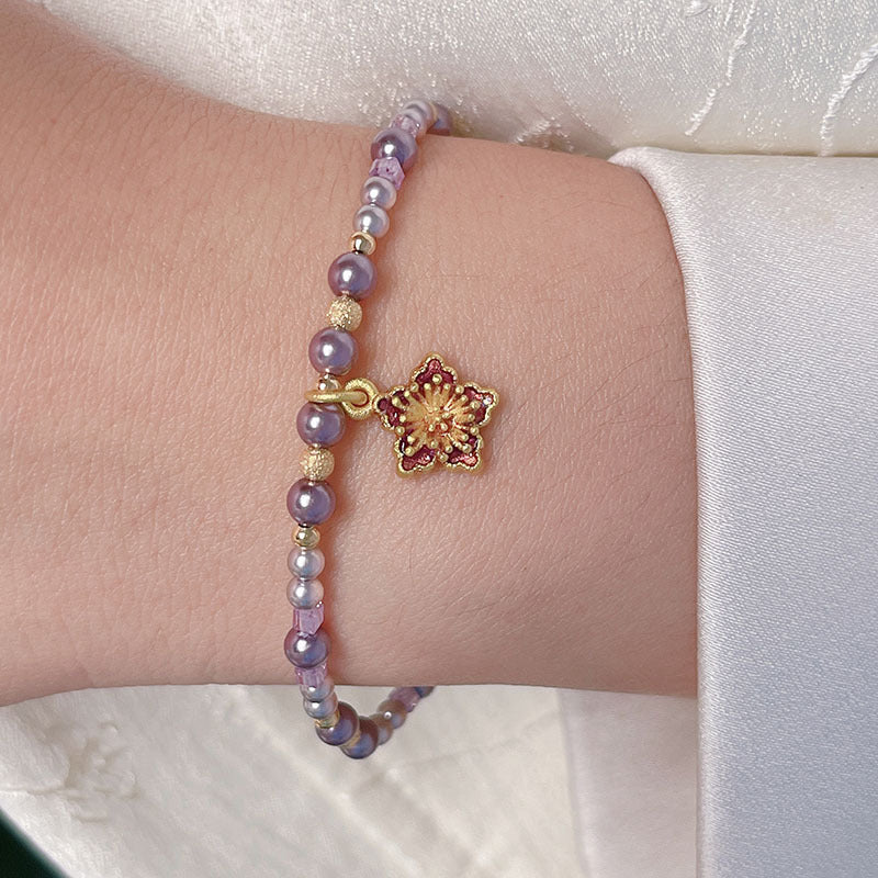 French Vintage Beaded Bracelet with Delicate Oil Droplet Flowers and Tulip Lucky Pendant for Girls