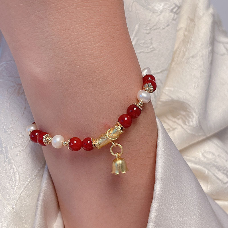 New Year Pearl Design Red Agate Bracelet Lucky Grass Bellflower Five Road God of Wealth Bracelet