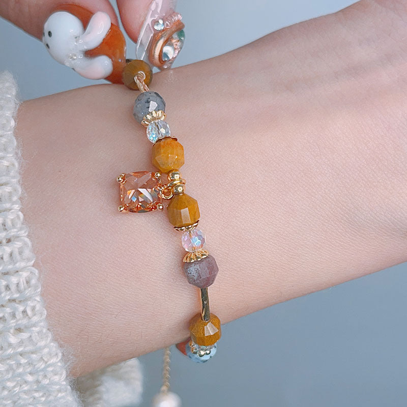 Colorful Beryl Bracelet with Metal Weaving and Zircon Butterfly