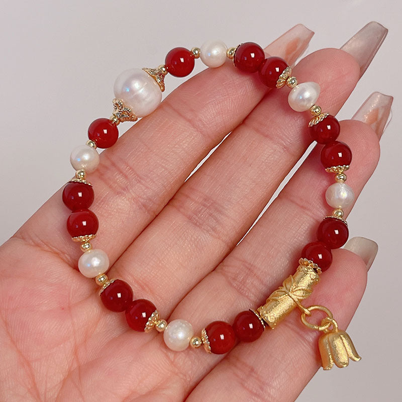 New Year Pearl Design Red Agate Bracelet Lucky Grass Bellflower Five Road God of Wealth Bracelet