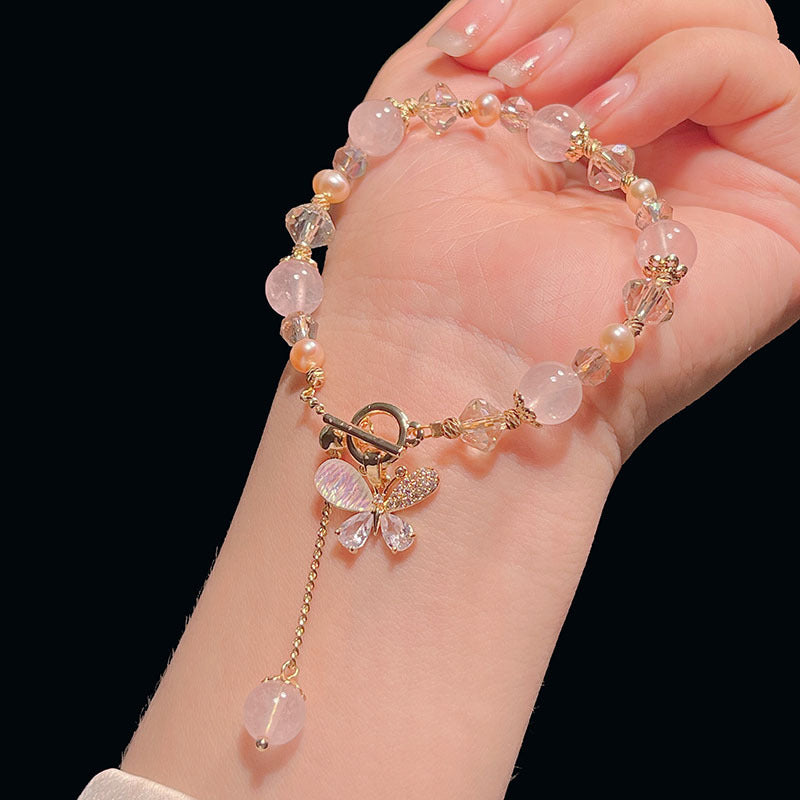 Pink Crystal Pearl Heart Butterfly Pendant Bracelet