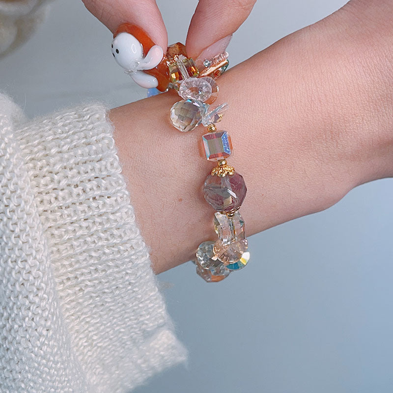 Colorful Beryl Bracelet with Metal Weaving and Zircon Butterfly