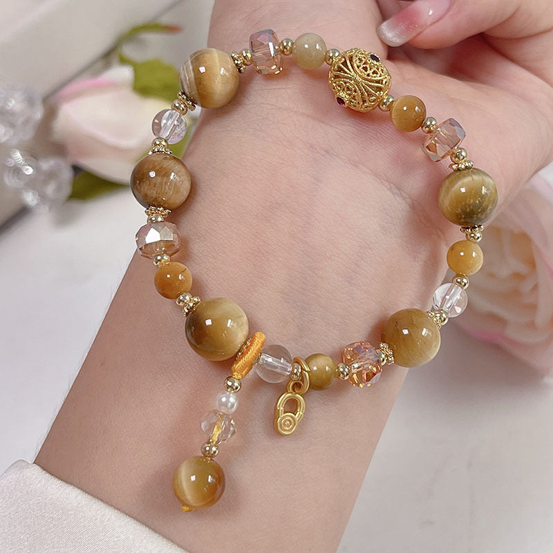 Lucky Tiger Eye Stone Bracelet with Folk Style Cloud and Flower Pendant