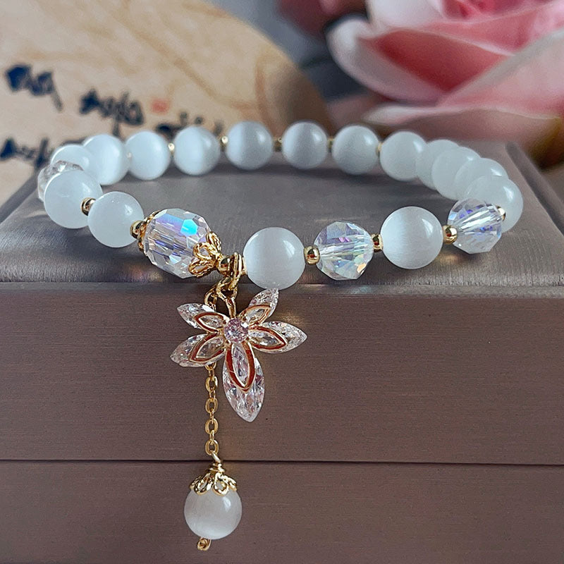 Cat Eye Stone Bracelet with Crystal Leaf Pendant