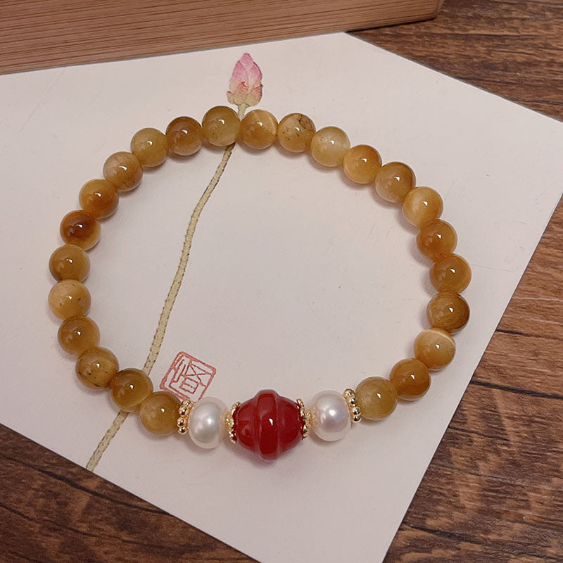 Lucky Tiger Eye Stone Bracelet with Folk Style Cloud and Flower Pendant