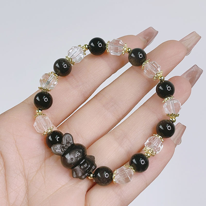 Silver Glitter Stone Carved Accessories Bracelet with Lucky Fox, Pixiu, Lion, etc. Beaded Crystal Bracelet Bestie Jewelry