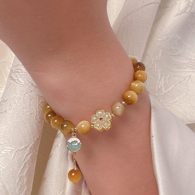 Lucky Tiger Eye Stone Bracelet with Folk Style Cloud and Flower Pendant