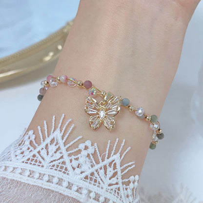 Colorful Beryl Bracelet with Metal Weaving and Zircon Butterfly