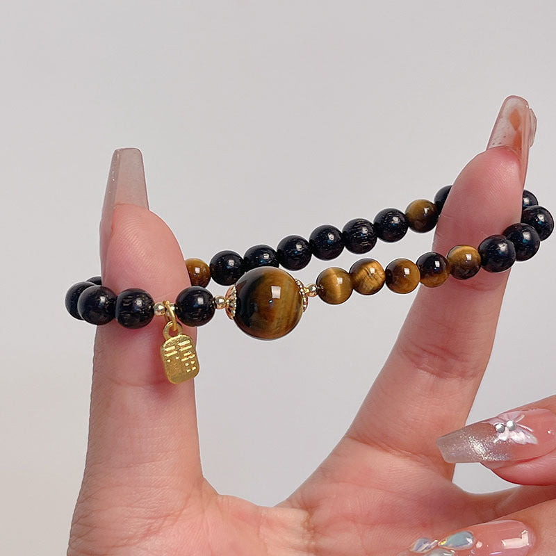 Lucky Tiger Eye Stone Bracelet with Folk Style Cloud and Flower Pendant