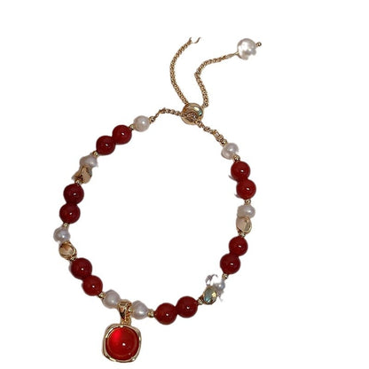 New Year Pearl Design Red Agate Bracelet Lucky Grass Bellflower Five Road God of Wealth Bracelet