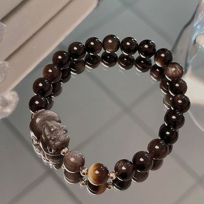 Natural Silver Obsidian Bracelet with Lion Head Pi Xiu Couple Bracelet