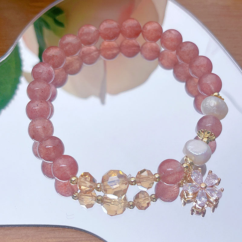 Minimalist Flower Bracelet with Crystal Strawberry Quartz and Citrine Beads