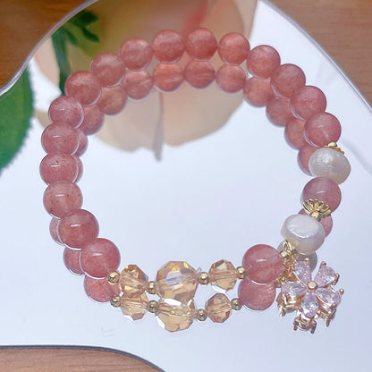 Minimalist Flower Bracelet with Crystal Strawberry Quartz and Citrine Beads