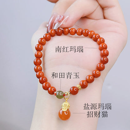 Red Agate Rabbit Pendant Bracelet and Hetian Jade Prosperity Flower Bracelet Set