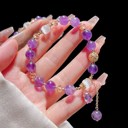 Orange Sunstone Natural Stone Bracelet with Purple Crystal