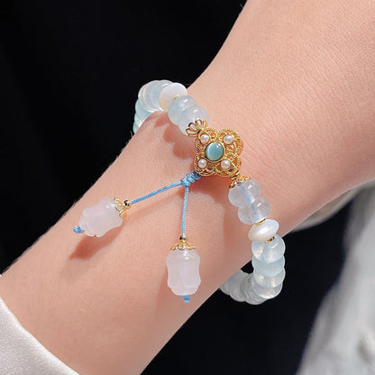 Blue Chalcedony Bracelet Simple Design Fish Tail Handmade Bracelet Braided Lucky Grass Tassel Bracelet