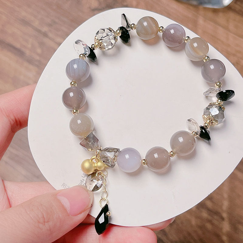 New Year Celebration Agate Bracelet Vintage Gold Gourd Gray Green Agate Beaded Bracelet Women