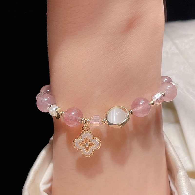 Natural Crystal Bracelet with Hollow Lucky Clover Pendant Gray Moonlight Yellow Hair Crystal Bead String Bracelet Crystal Stone Jewelry