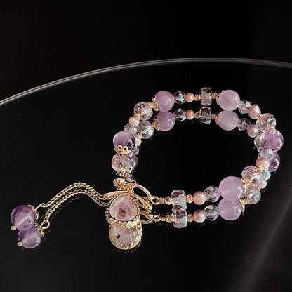 Pink Crystal Pearl Heart Butterfly Pendant Bracelet