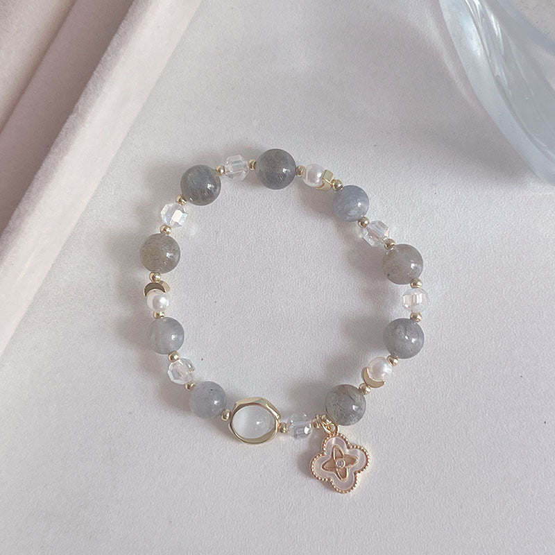 Natural Crystal Bracelet with Hollow Lucky Clover Pendant Gray Moonlight Yellow Hair Crystal Bead String Bracelet Crystal Stone Jewelry