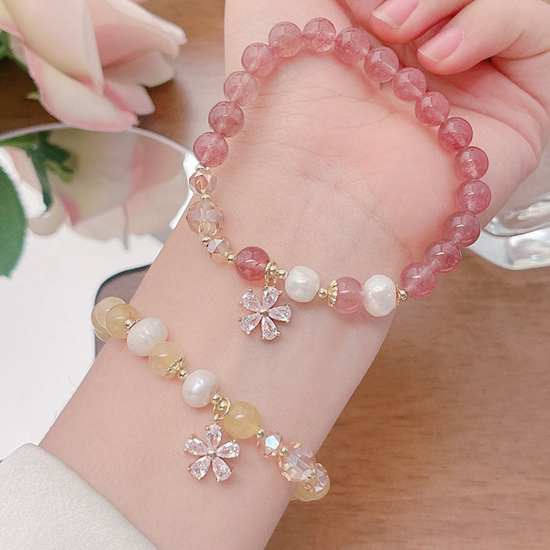 Minimalist Flower Bracelet with Crystal Strawberry Quartz and Citrine Beads