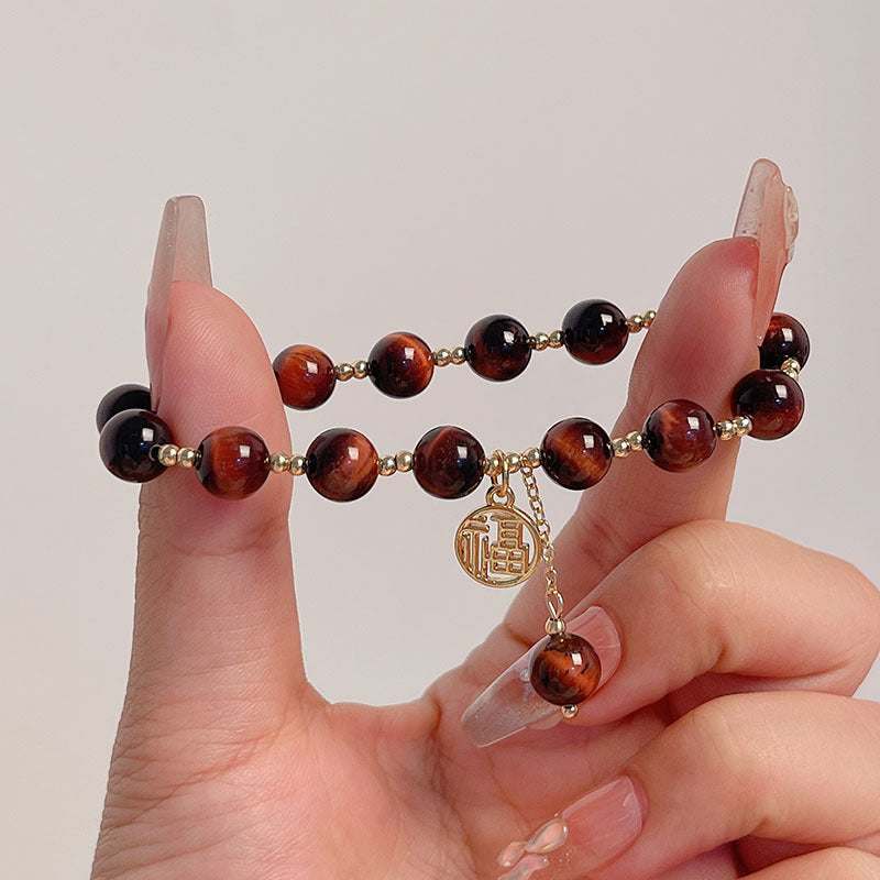 Lucky Tiger Eye Stone Bracelet with Folk Style Cloud and Flower Pendant