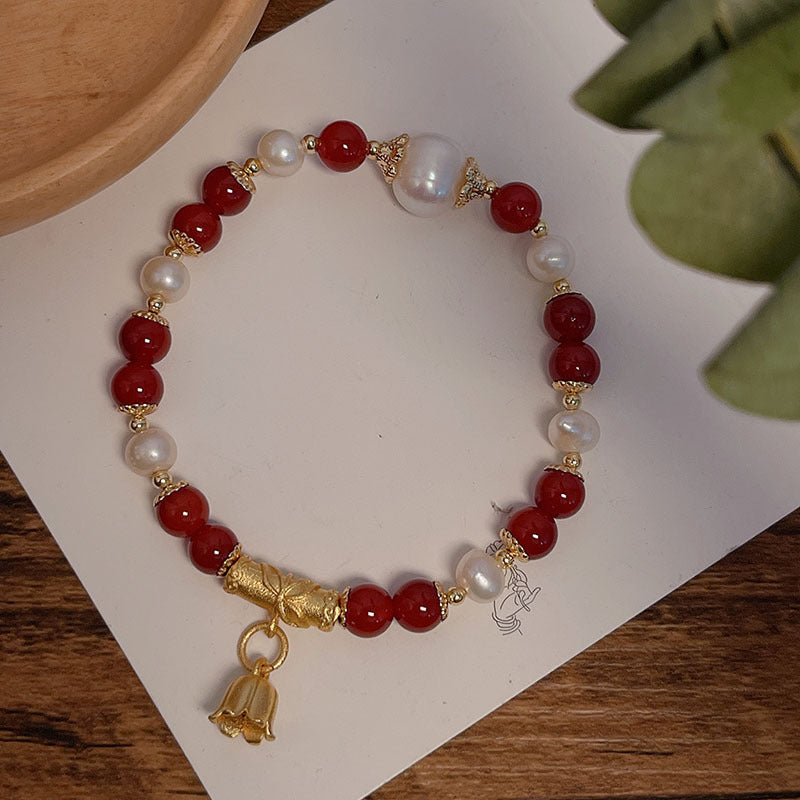 New Year Pearl Design Red Agate Bracelet Lucky Grass Bellflower Five Road God of Wealth Bracelet