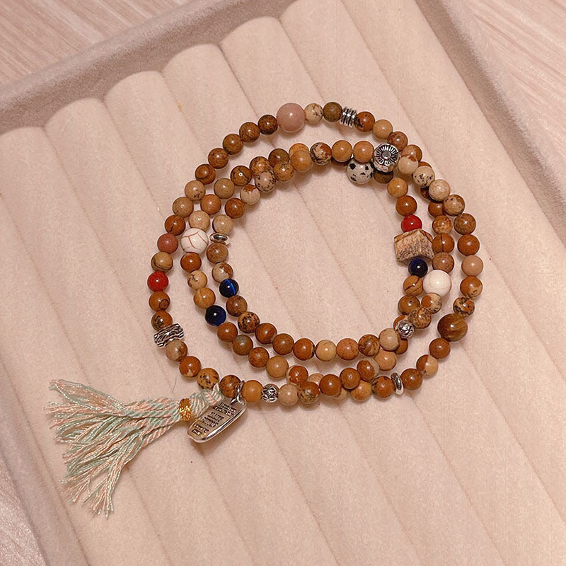 Chinese Style Beaded Triple-layer Bracelet with Shoushan Stone, Picture Stone, Red Vein Stone Tassel Bracelet