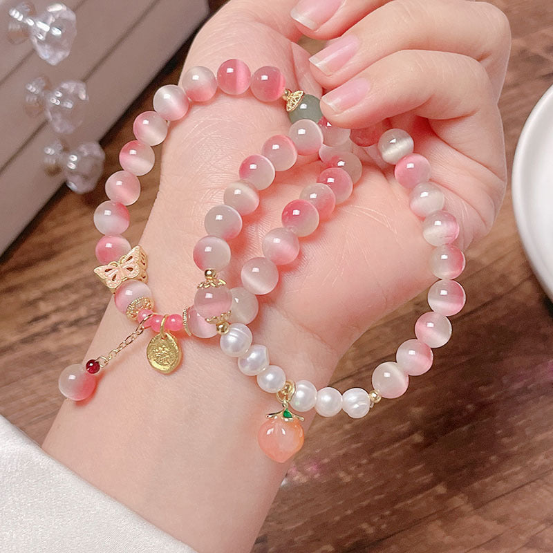 Fairy Pink Gradient Cat Eye Stone Bracelet Women INS Simple Design Peach Butterfly High-end Sense Bestie Accessory