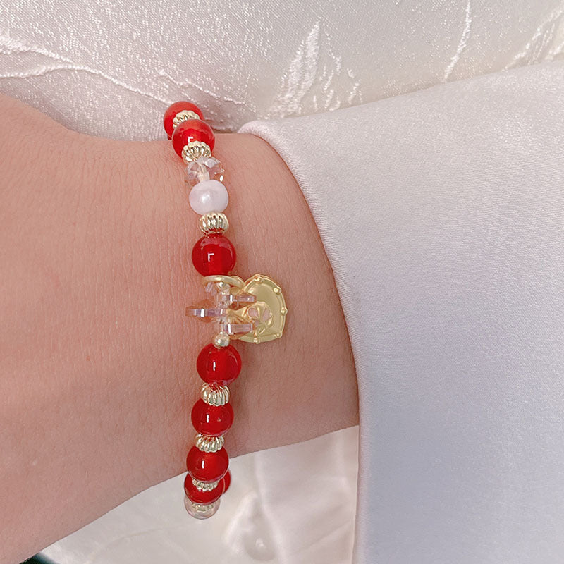 Pumpkin Red Agate Bracelet Chinese Style Beaded Stackable Accessory Gift Jewelry