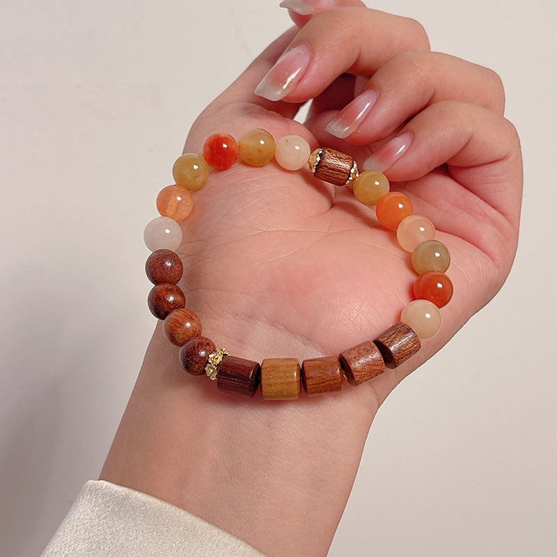 Vintage Chinese Wood Bead Bracelet with Gold Thread and Amethyst Crystal