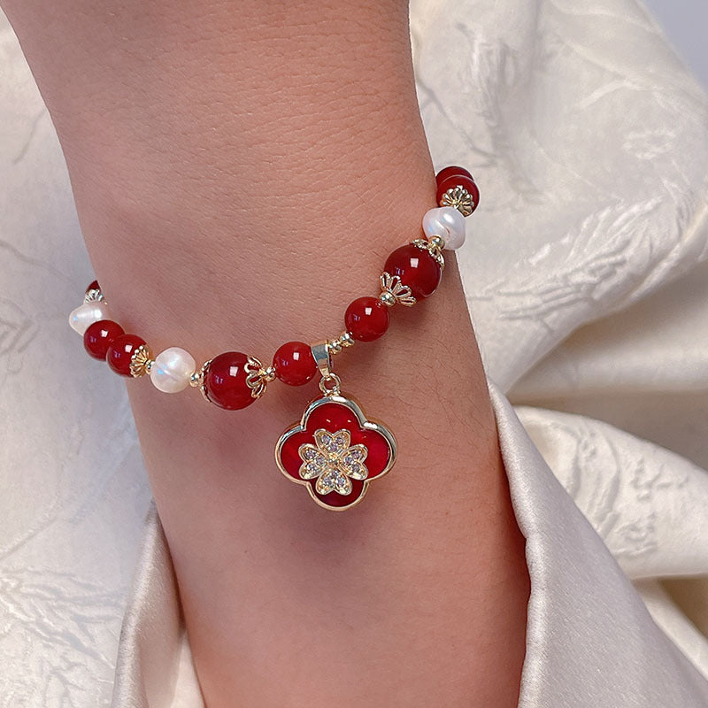 New Year Pearl Design Red Agate Bracelet Lucky Grass Bellflower Five Road God of Wealth Bracelet