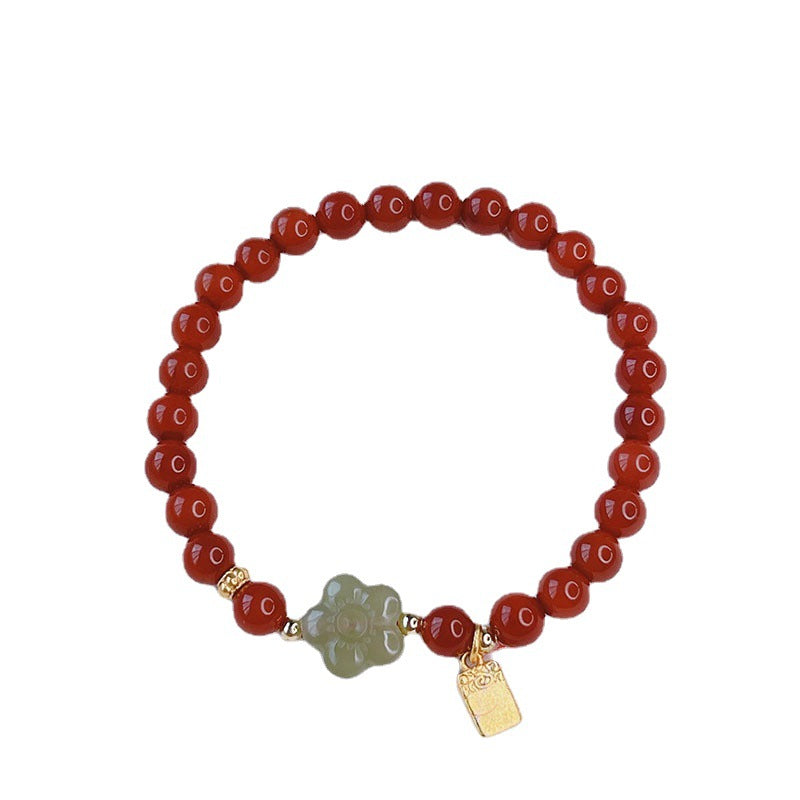 Red Agate Rabbit Pendant Bracelet and Hetian Jade Prosperity Flower Bracelet Set