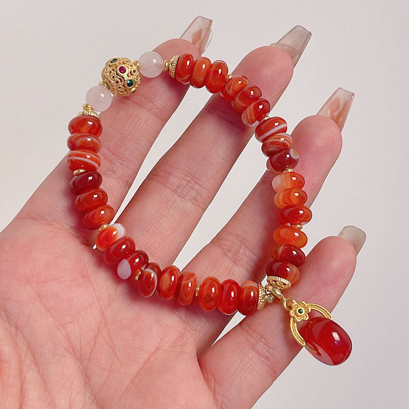 Natural Agate Wheel Bead Bracelet Ethnic Style Vintage Red Agate Safety Buckle Bamboo Pendant Bracelet Bead String