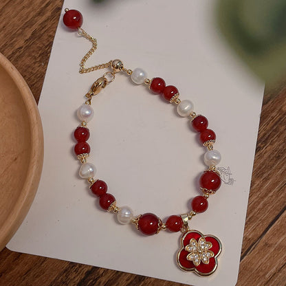 New Year Pearl Design Red Agate Bracelet Lucky Grass Bellflower Five Road God of Wealth Bracelet