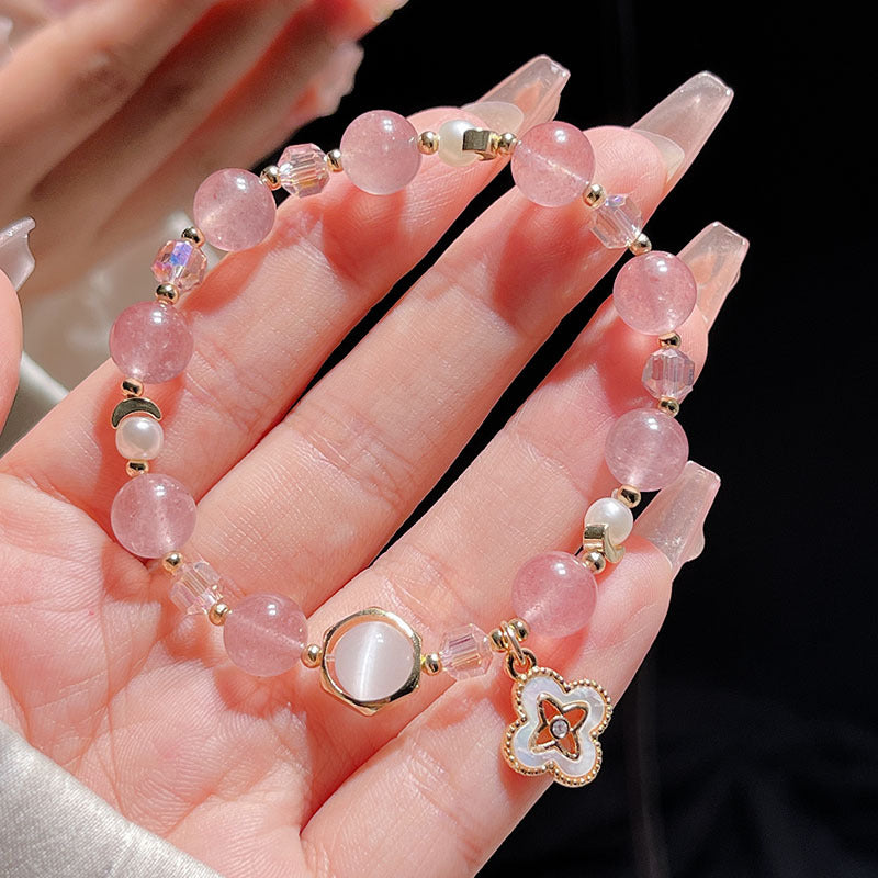 Natural Crystal Bracelet with Hollow Lucky Clover Pendant Gray Moonlight Yellow Hair Crystal Bead String Bracelet Crystal Stone Jewelry