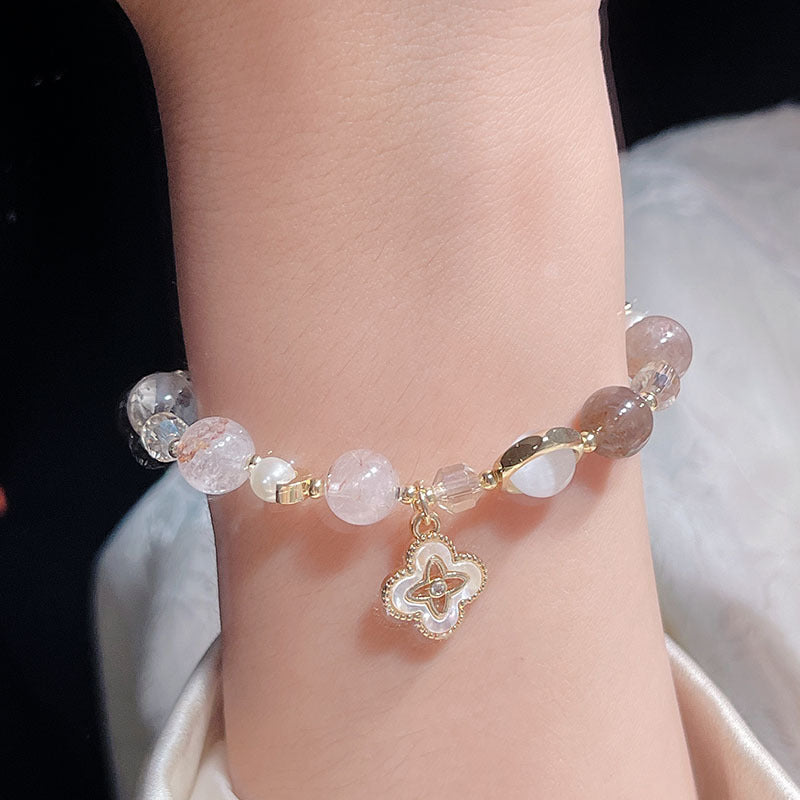 Natural Crystal Bracelet with Hollow Lucky Clover Pendant Gray Moonlight Yellow Hair Crystal Bead String Bracelet Crystal Stone Jewelry