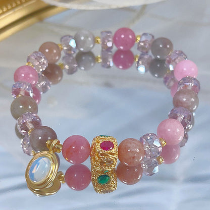 Colorful Beryl Bracelet with Metal Weaving and Zircon Butterfly