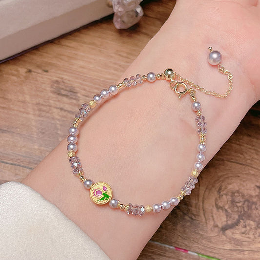 French Vintage Beaded Bracelet with Delicate Oil Droplet Flowers and Tulip Lucky Pendant for Girls