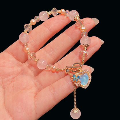 Pink Crystal Pearl Heart Butterfly Pendant Bracelet