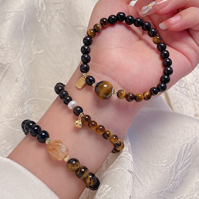 Lucky Tiger Eye Stone Bracelet with Folk Style Cloud and Flower Pendant