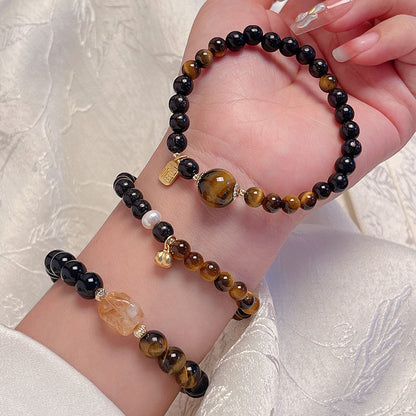 Lucky Tiger Eye Stone Bracelet with Folk Style Cloud and Flower Pendant