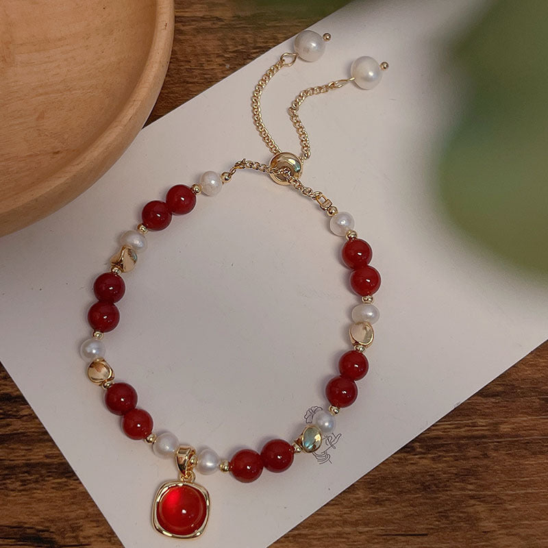 New Year Pearl Design Red Agate Bracelet Lucky Grass Bellflower Five Road God of Wealth Bracelet