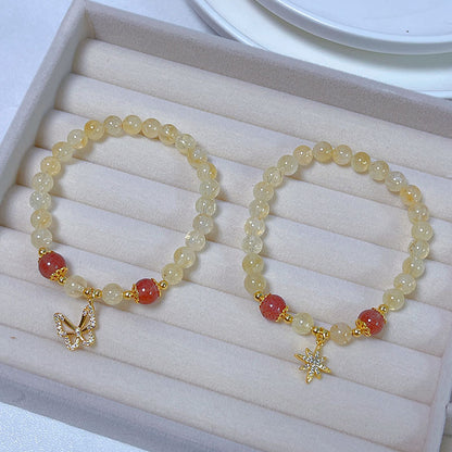 Yellow Crystal Beaded Bracelet with Delicate Butterfly and Star Pendant