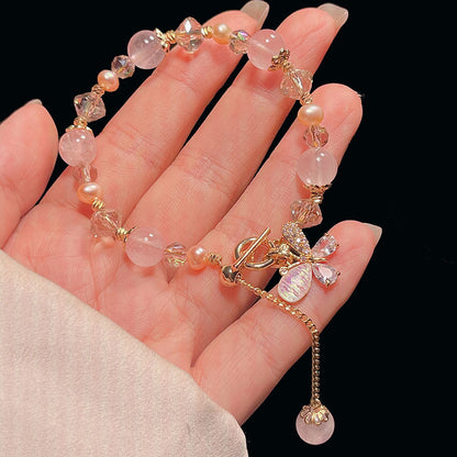 Pink Crystal Pearl Heart Butterfly Pendant Bracelet