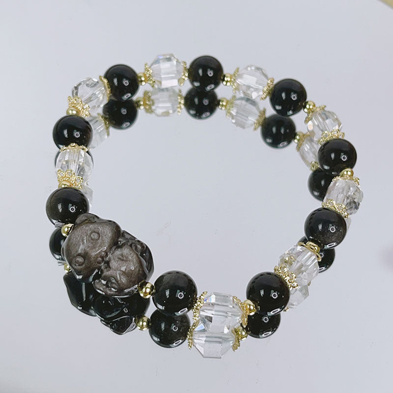 Silver Glitter Stone Carved Accessories Bracelet with Lucky Fox, Pixiu, Lion, etc. Beaded Crystal Bracelet Bestie Jewelry