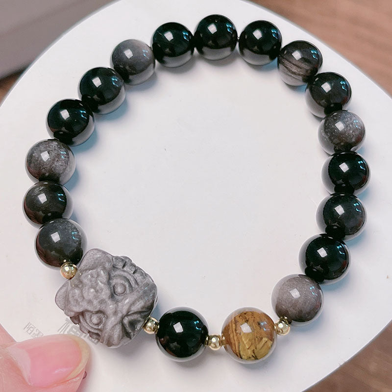 Natural Silver Obsidian Bracelet with Lion Head Pi Xiu Couple Bracelet