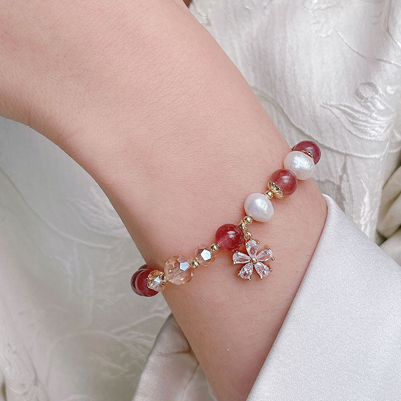 Minimalist Flower Bracelet with Crystal Strawberry Quartz and Citrine Beads